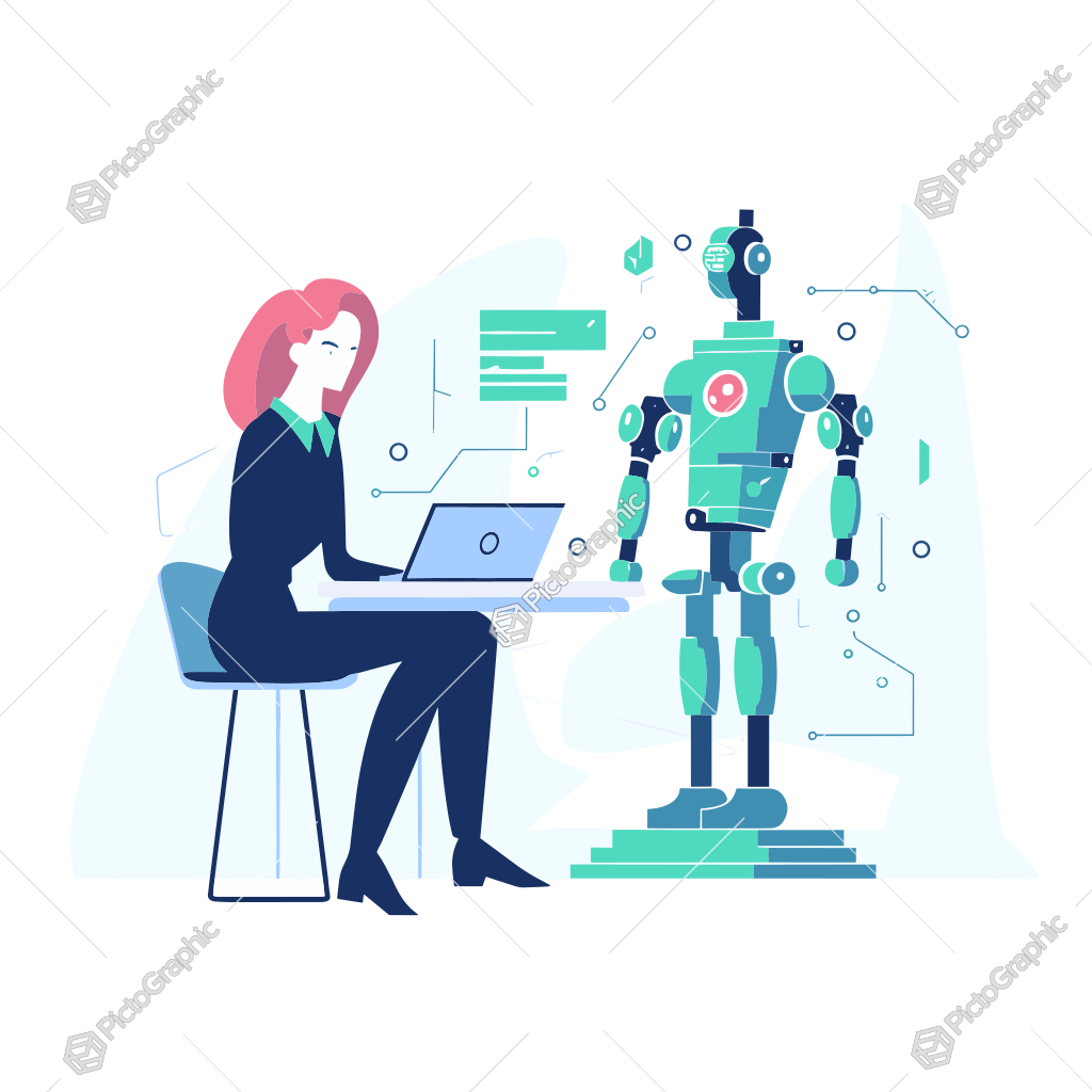 A woman and a robot are depicted side by side, with the woman working on a laptop and the robot in a standing position, set against a tech-themed backdrop.