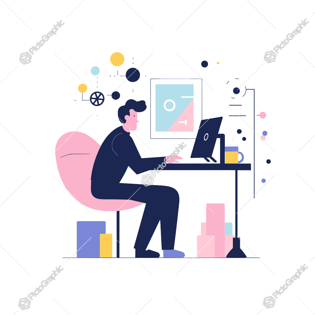 A stylized illustration of a person working on a laptop at a desk with abstract decorative elements in the background.