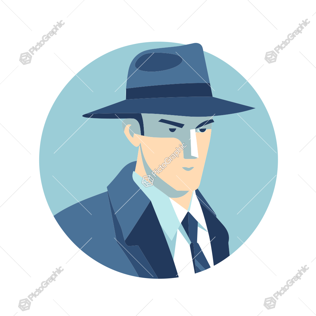 The image is an illustration of a man in a hat and suit, with a vintage detective vibe