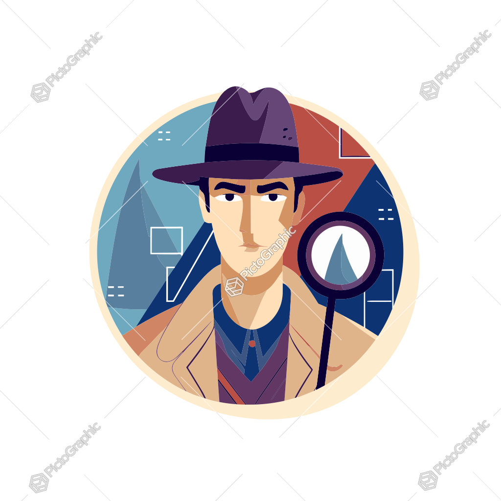 An illustration of a classic detective character with a magnifying glass.