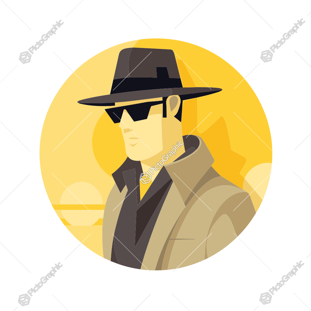 An illustration of a detective or spy character in a trench coat and fedora hat, against an abstract cityscape background.