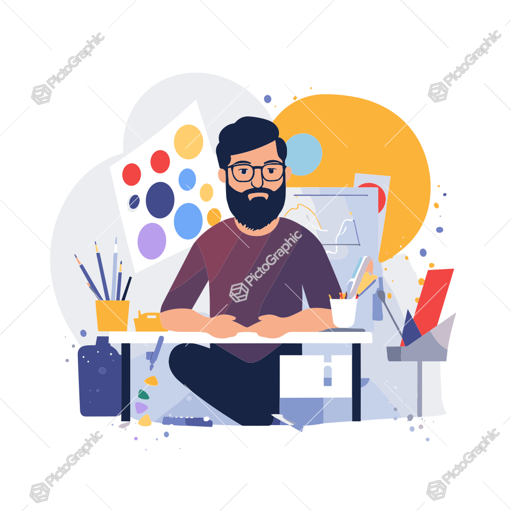 An illustration of a man working at an artistic desk setup with creative tools and abstract design elements in the background.