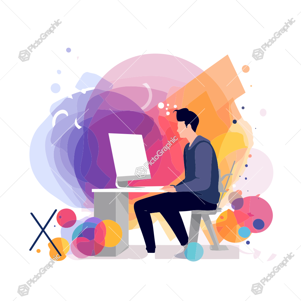 Flat design illustration of a person working on a computer with abstract colorful background elements symbolizing creativity.