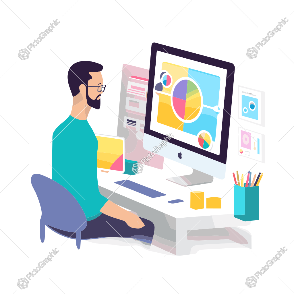 The illustration shows a man working on graphic design at his computer desk.