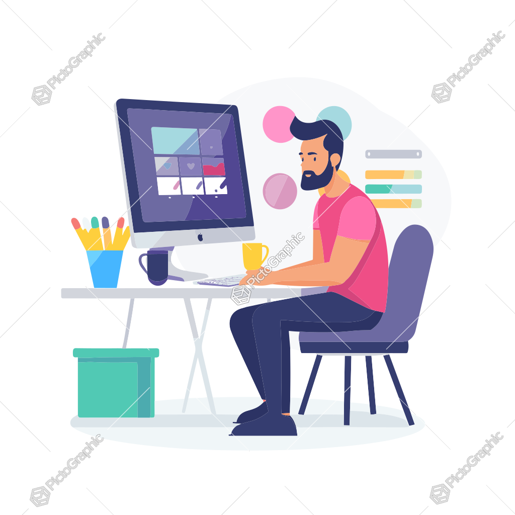 A cartoon of a man working at a computer desk.