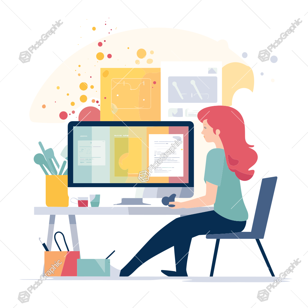 The image is an illustration of a woman working at a computer desk in a creative environment.