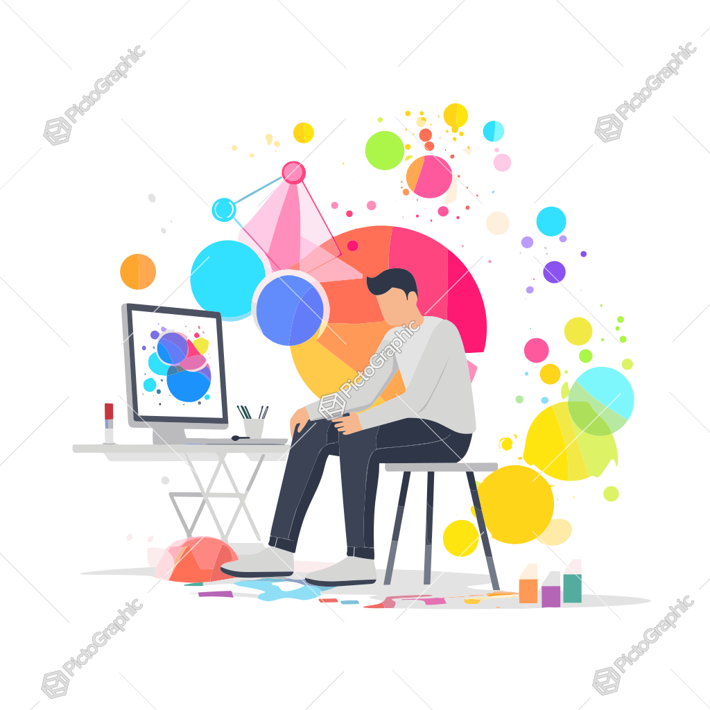 A person is working on a graphic design project on a computer in a creative and vibrant environment.