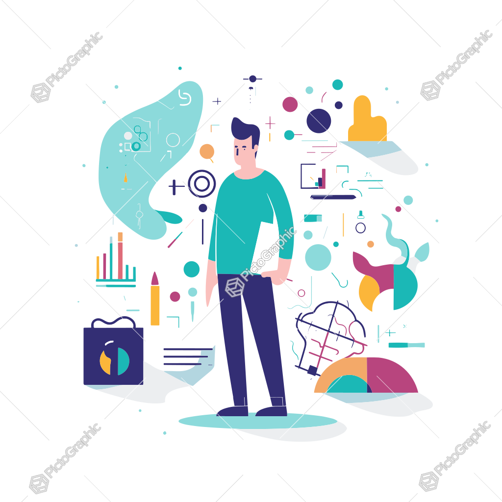 A vector illustration of a person surrounded by creative and analytical symbols.