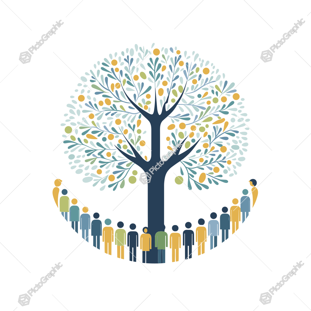 A graphic image of a tree with multicolored leaves and stylized human figures standing beneath it in a semi-circle.