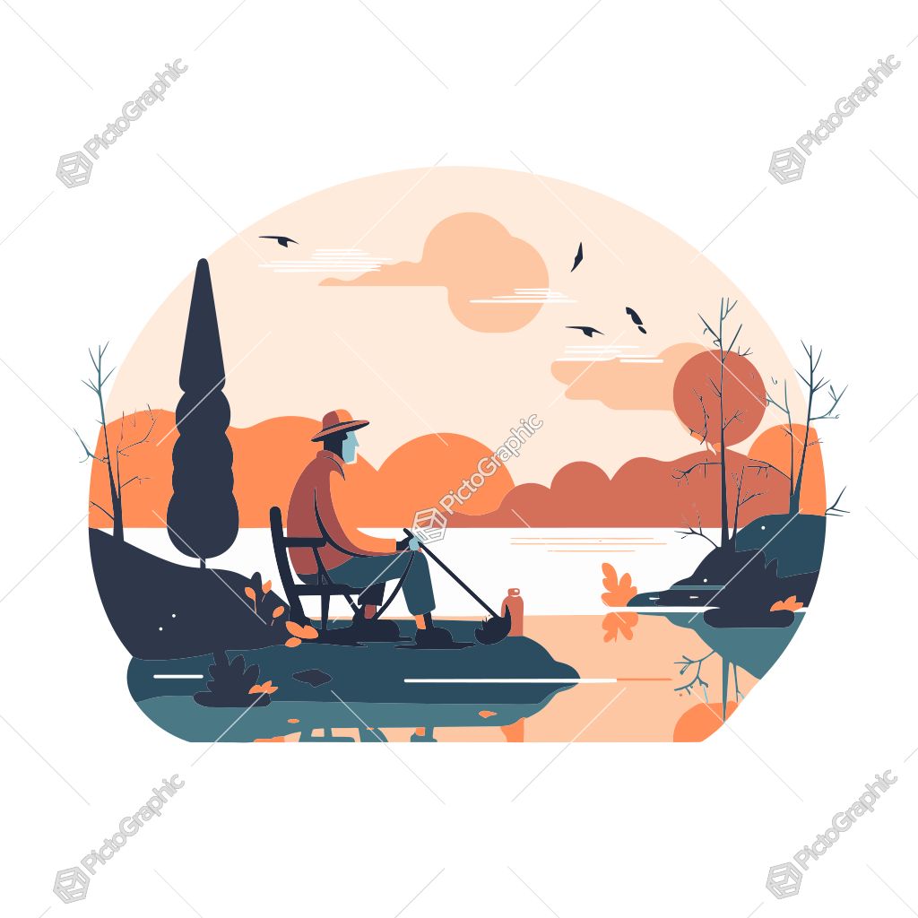 A person fishing by a lake during sunset or sunrise in autumn.