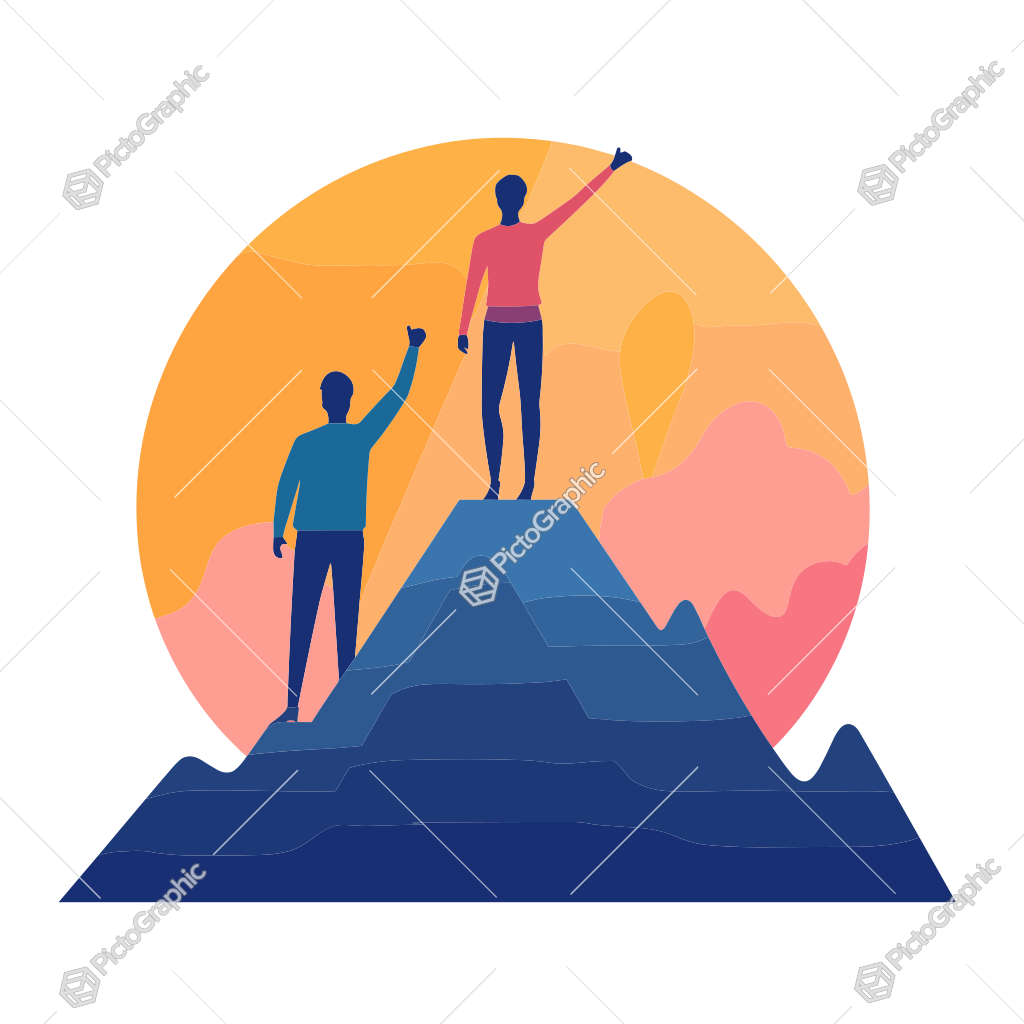 Two people are on a mountain peak, with one celebrating success.