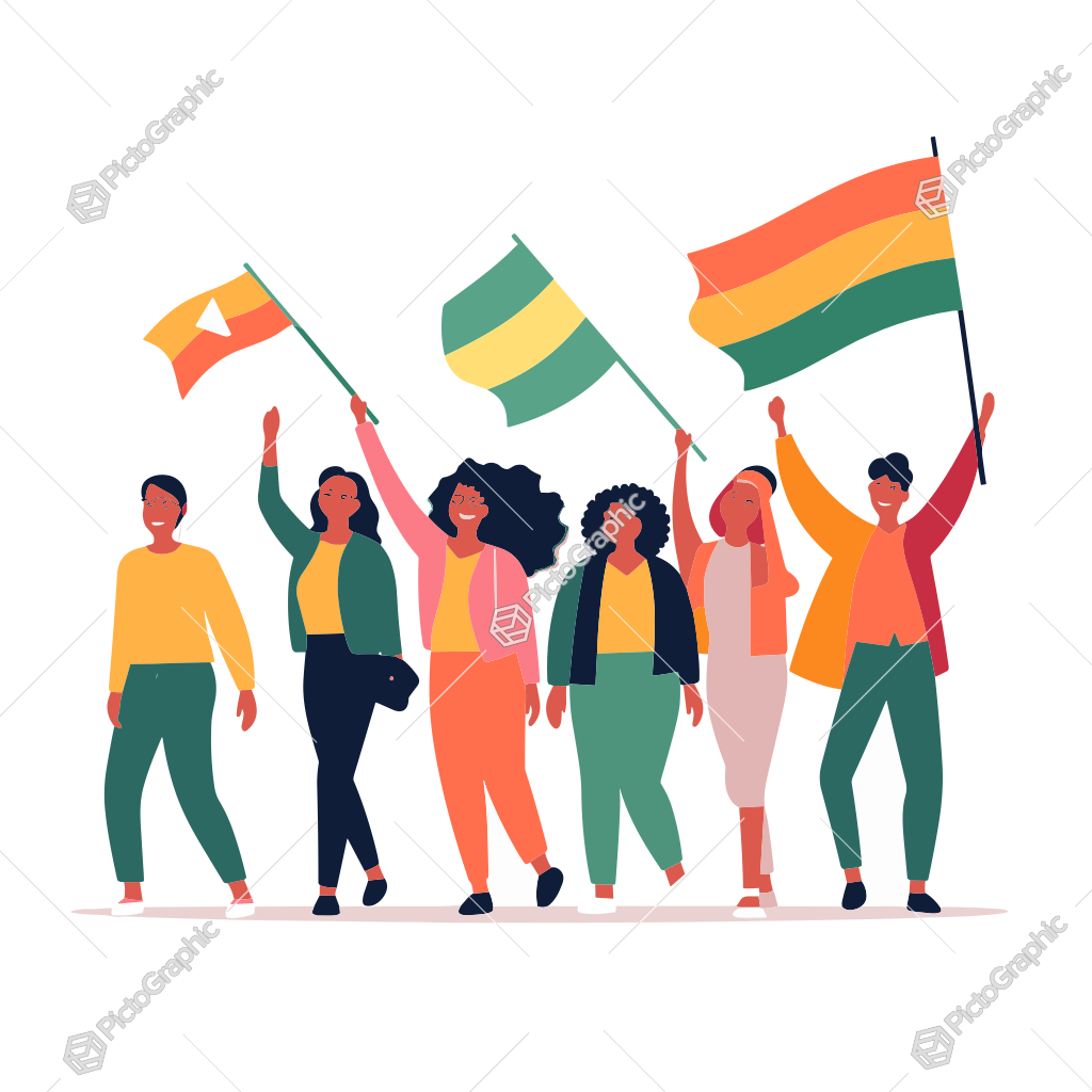 The illustration shows a diverse group of people marching with colorful flags, symbolizing unity, celebration, or protest.