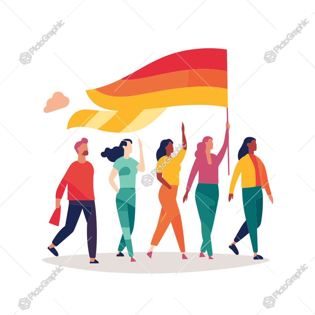 A group of illustrated characters marching with a colorful flag.