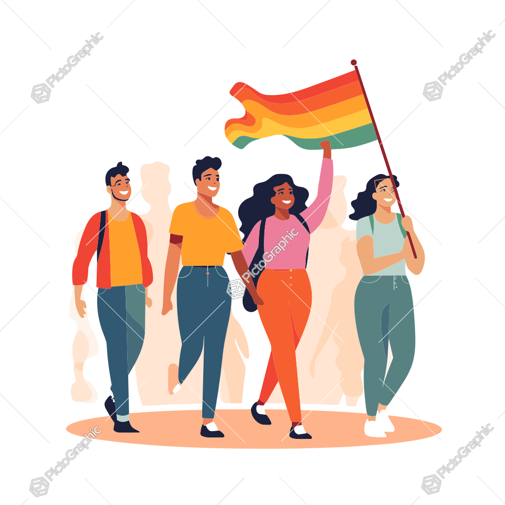 A group of animated characters is walking together, one holding a rainbow flag, symbolizing pride and solidarity.