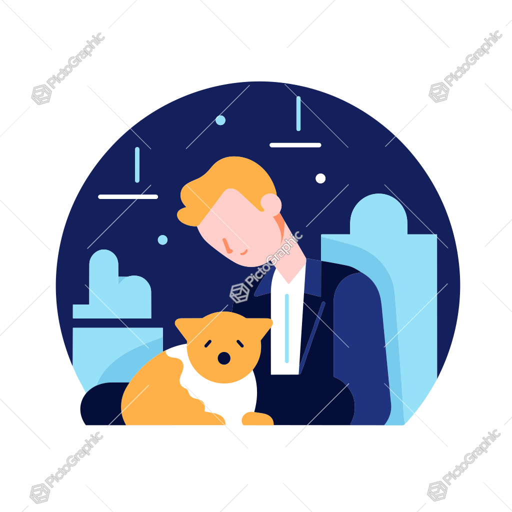 An illustration of a person with a dog sitting on the floor together at night, possibly in a contemplative or sad moment.