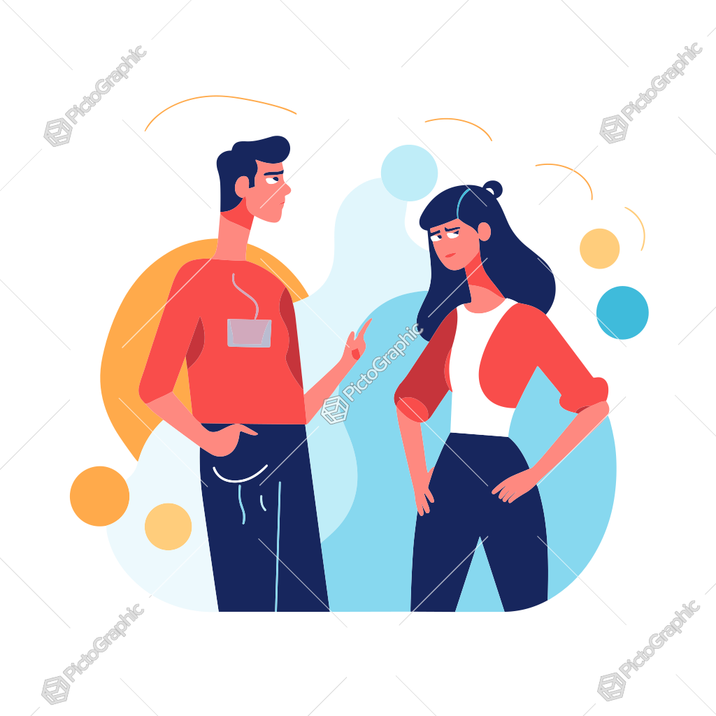 Two people are depicted talking in a stylized illustration.