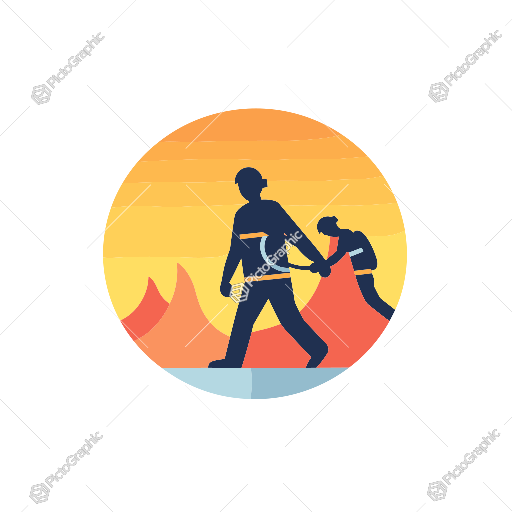 A stylized illustration of an adult leading a child by the hand against a fiery backdrop within a circular frame.