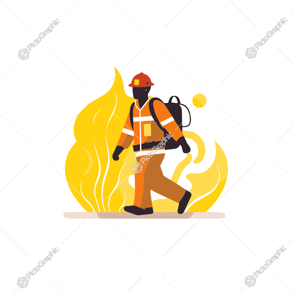 A graphic illustration of a firefighter walking in front of flames.