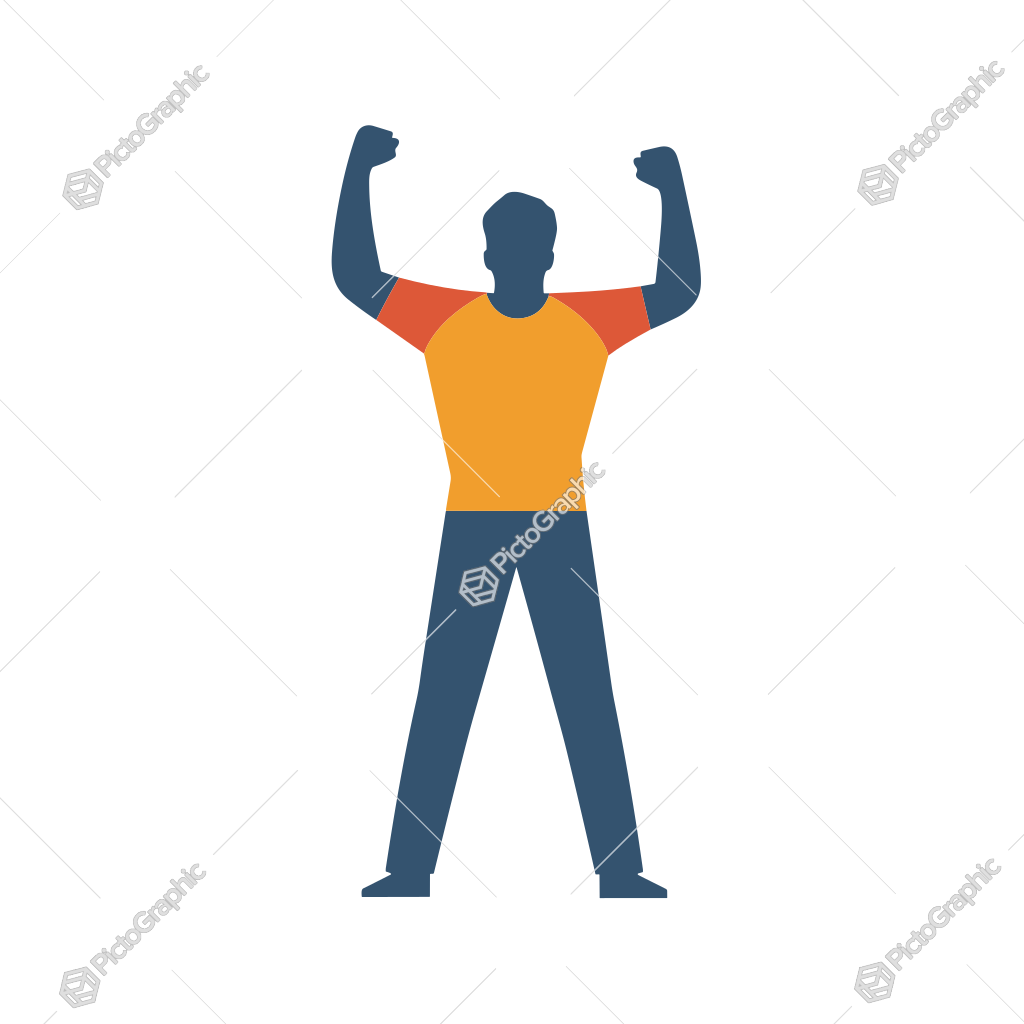 A simplified illustration of a victorious person with arms raised.