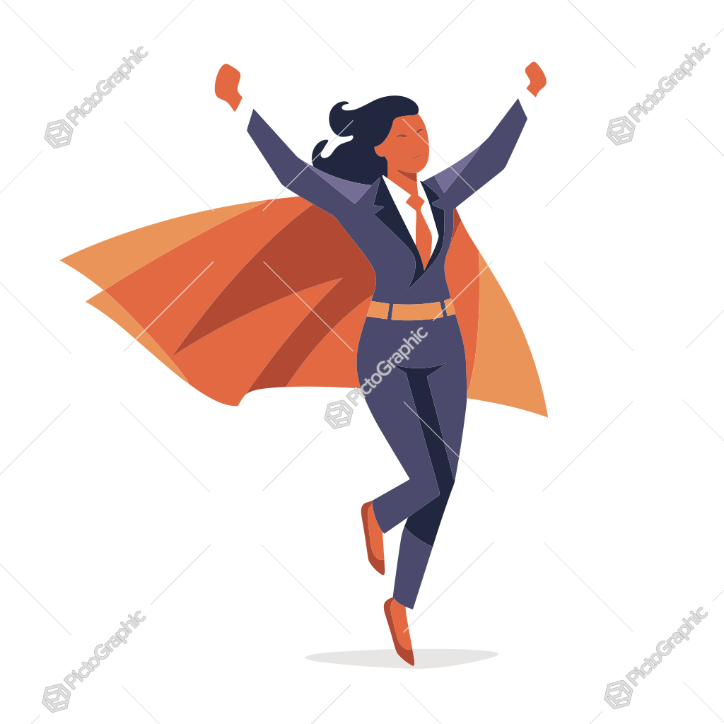 A stylized illustration of a joyful businesswoman with a superhero cape.