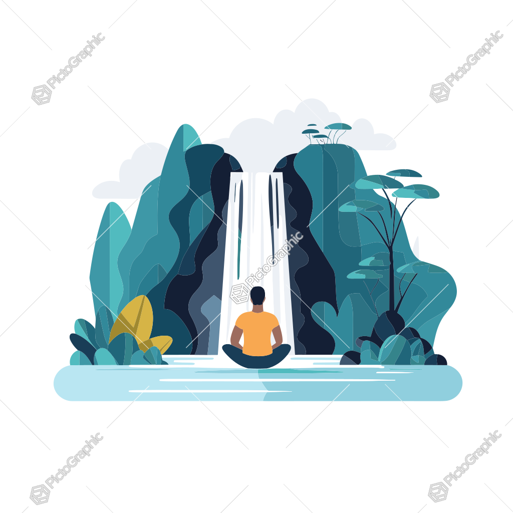 A person is depicted meditating by a waterfall between cliffs.