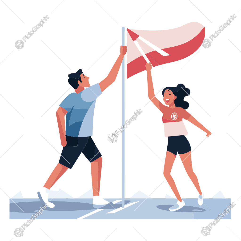 Two cartoon people raising a flag.