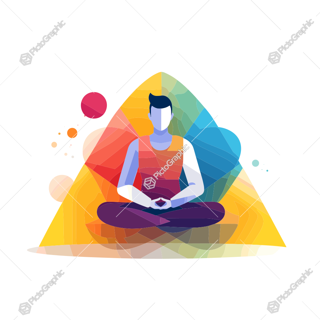 A person in a meditative pose within geometrically arranged colorful shapes.