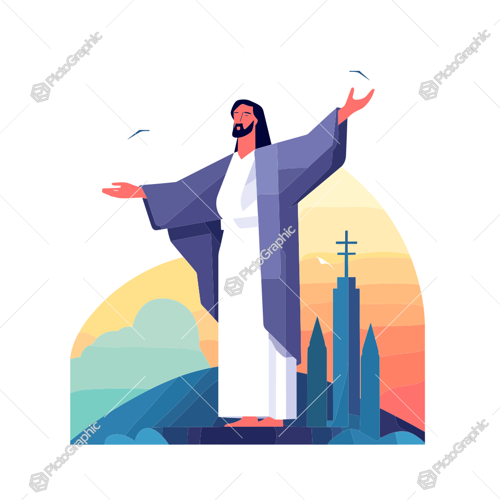 The image depicts a stylized representation of Jesus Christ with arms outstretched in front of a sunset or sunrise, with church silhouettes and flying birds in the background.