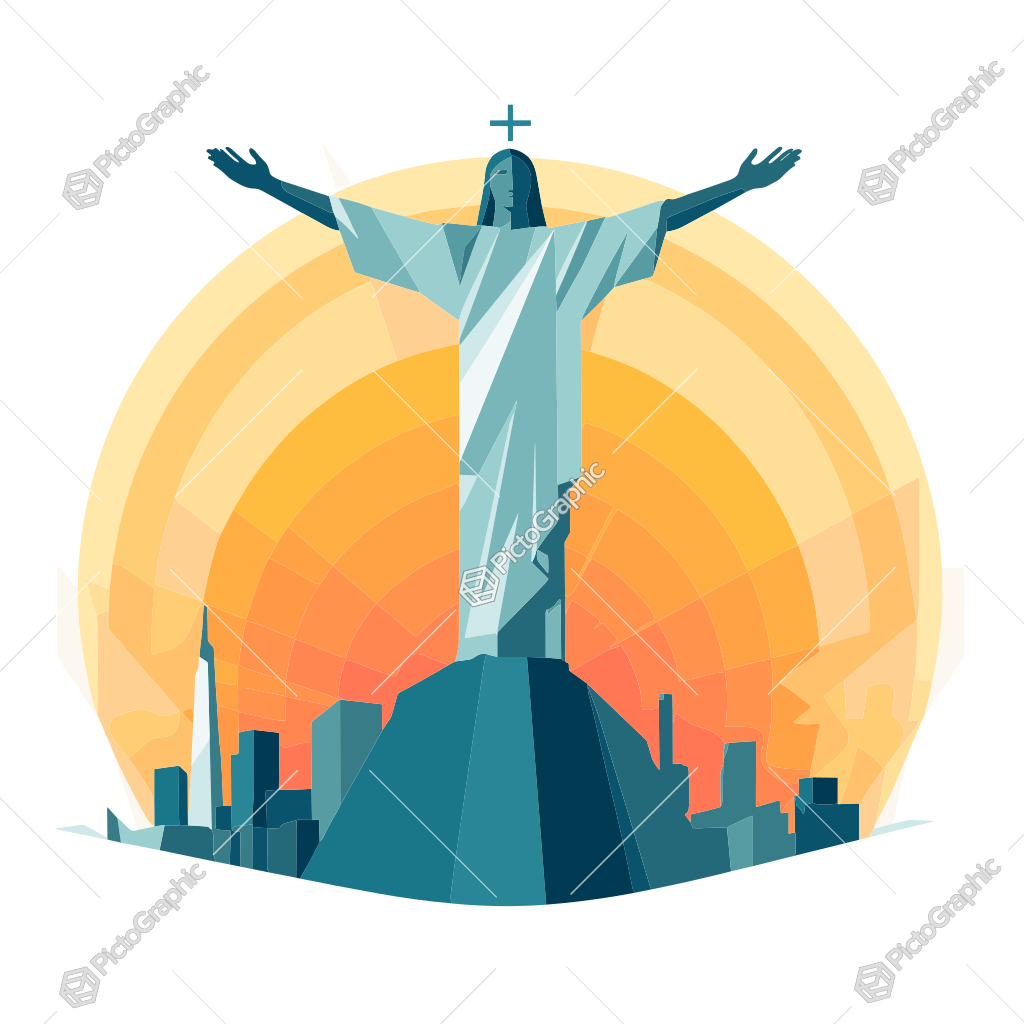 A graphic illustration of the Christ the Redeemer statue with a stylized cityscape and a radiant background.