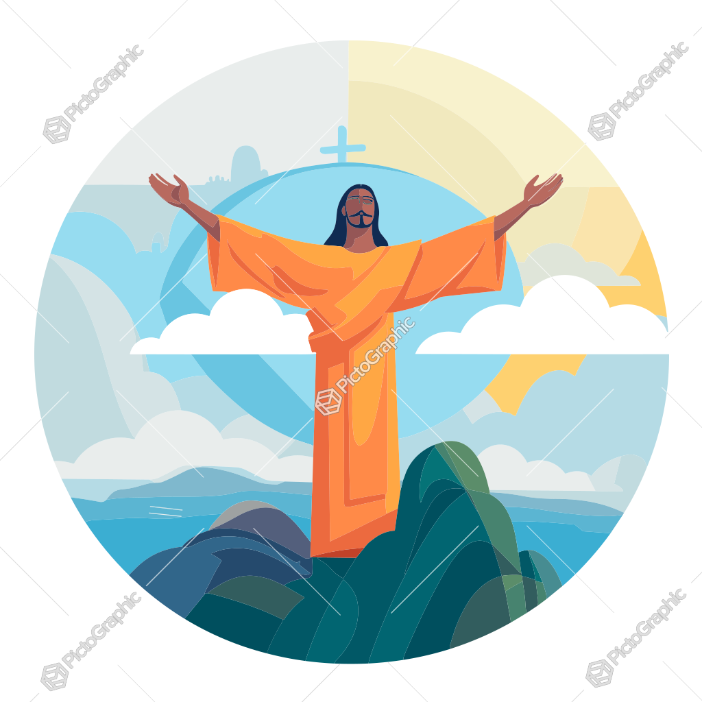 A stylized illustration of a robed figure with outstretched arms on a hilly landscape against a backdrop of sky and sun.