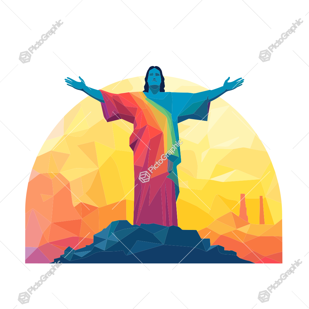 A stylized, colorful representation of the Christ the Redeemer statue at sunset.