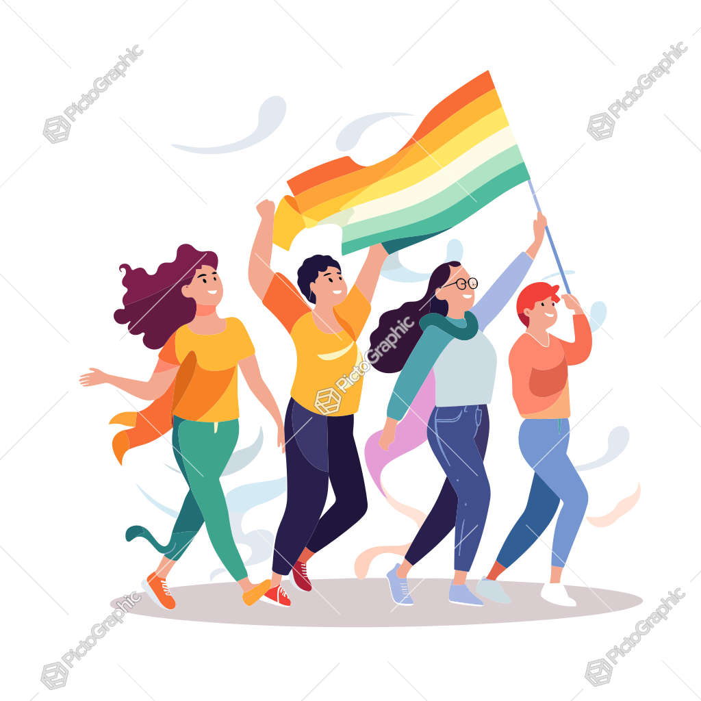 A group of animated characters is celebrating with a rainbow flag.