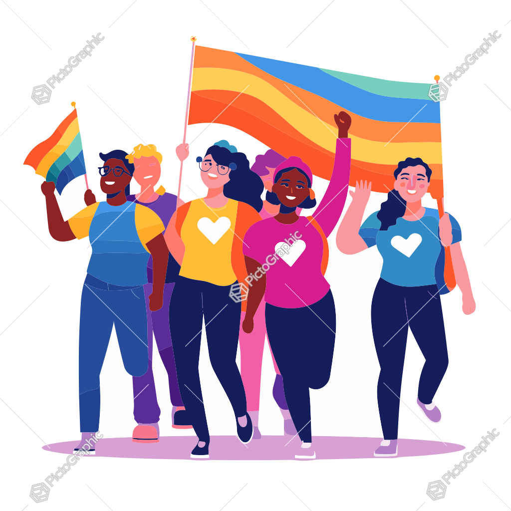 Group of animated characters with pride flags promoting LGBTQ+ rights.