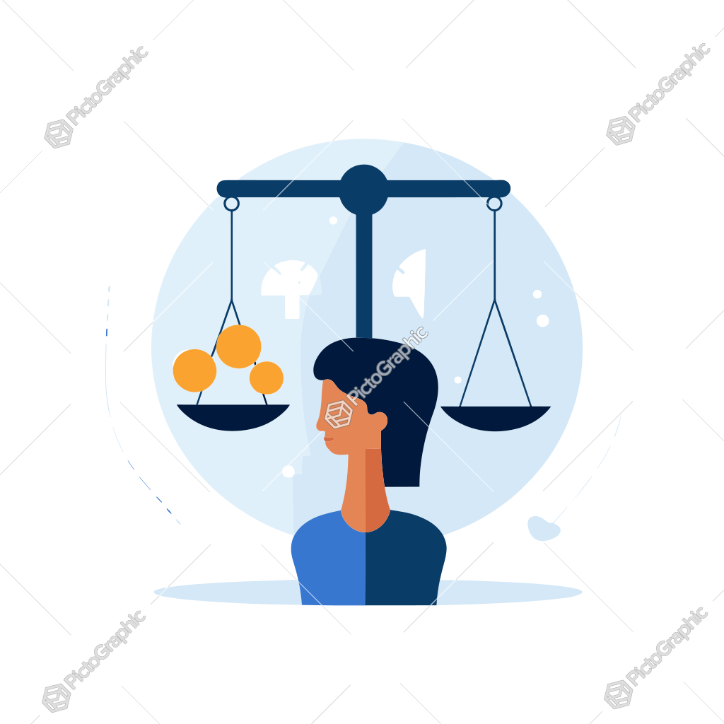 The image is a conceptual illustration of a woman with a balance scale, representing decision making or balance.