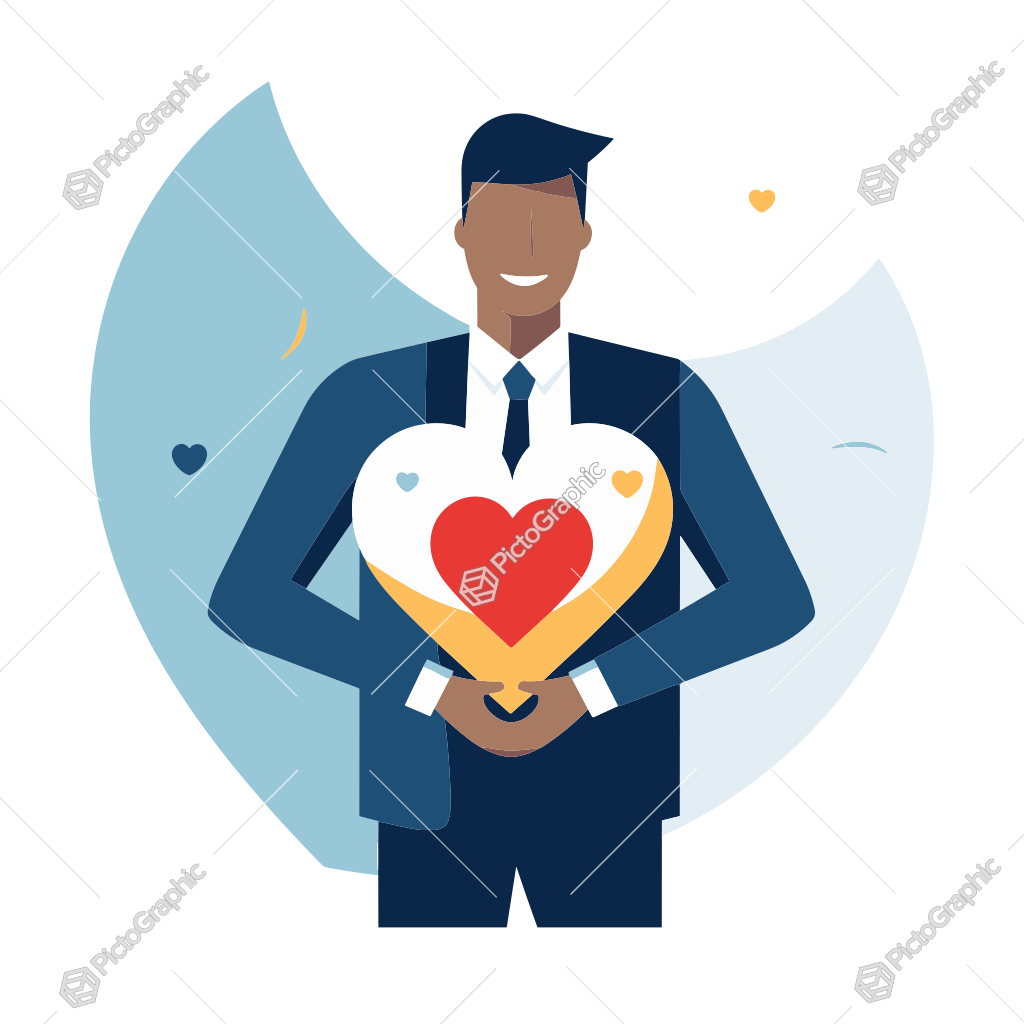 A smiling man dressed in a business attire holding a big heart symbol with smaller hearts inside, conveying love or care.