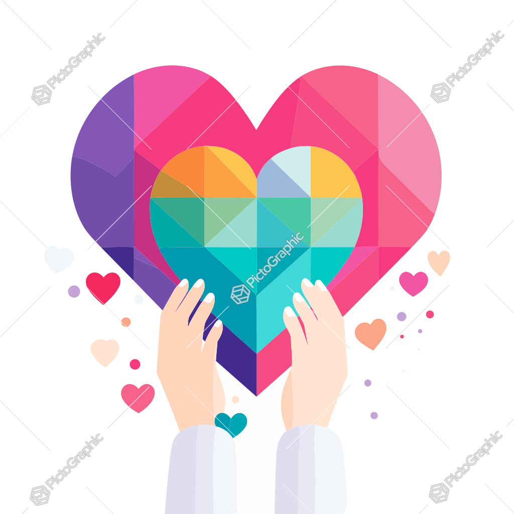 The image depicts two hands holding a colorful geometric heart, surrounded by small hearts.