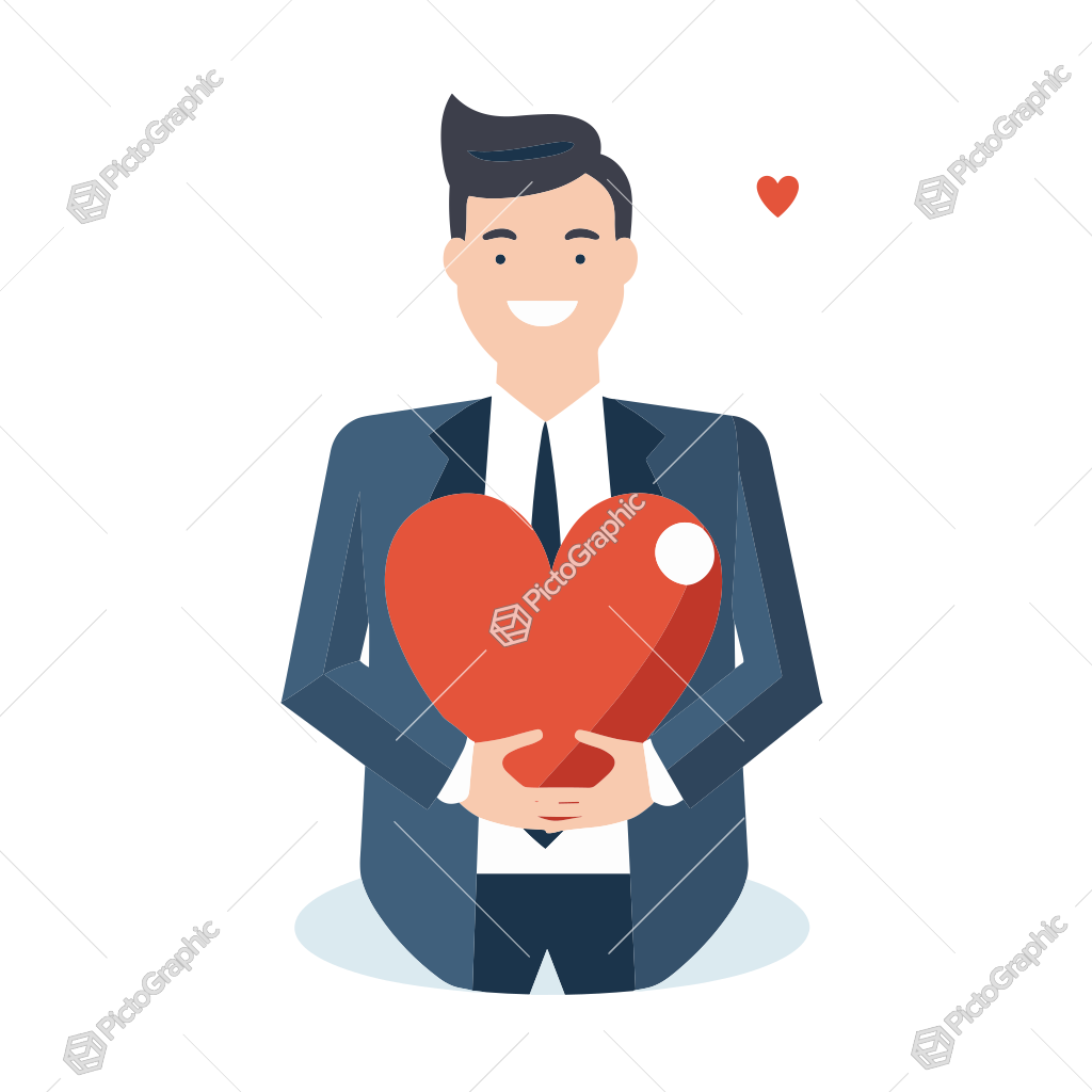 A smiling illustrated man holding a red heart.