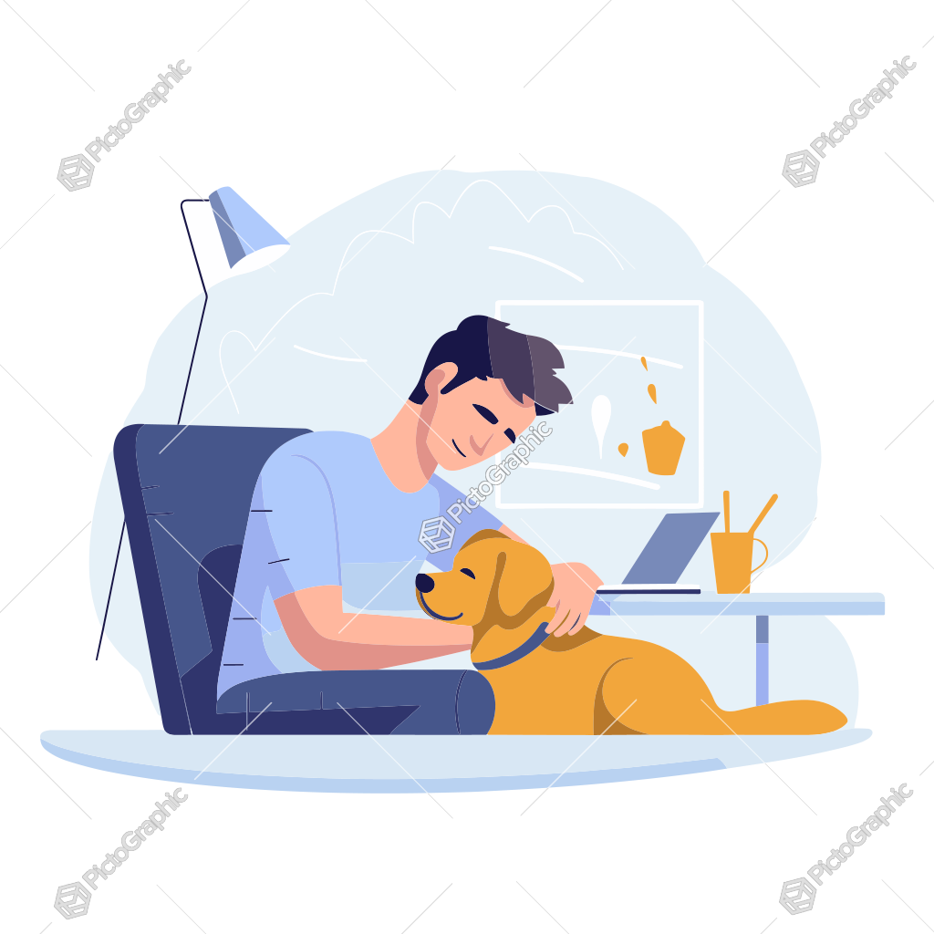 A man petting a dog while working at a desk with a laptop.