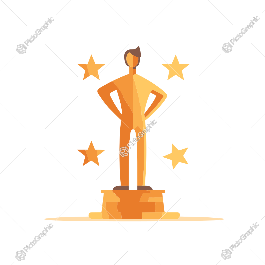 A stylized figure on a pedestal surrounded by stars, symbolizing achievement.