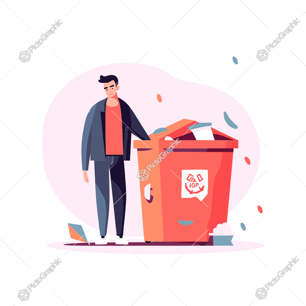 A man stands by an overflowing red trash bin with an ecological symbol.