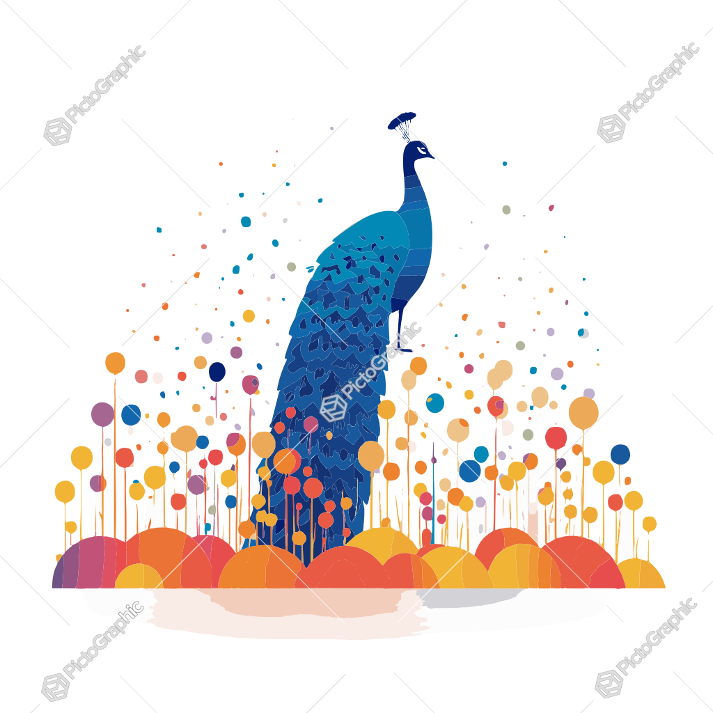 A graphic illustration of a peacock with a colorful abstract background