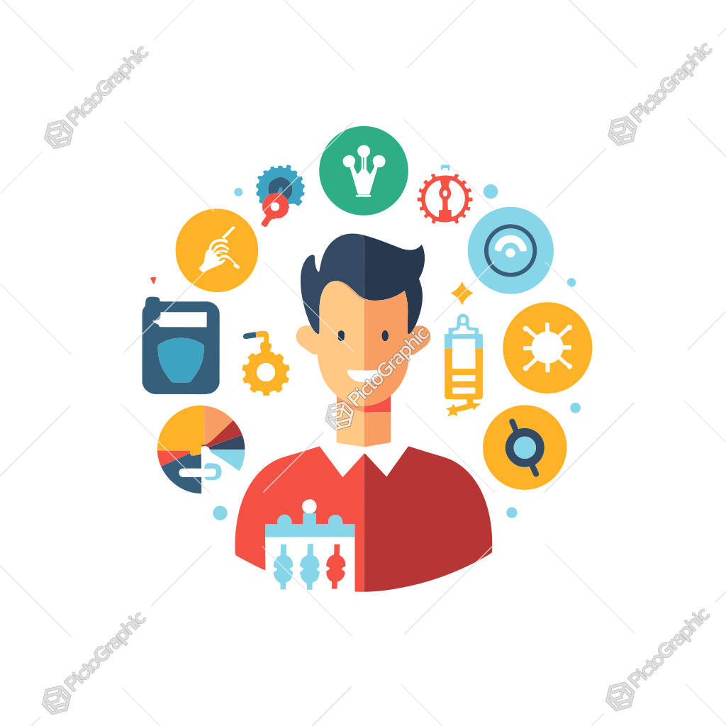 The image illustrates a person surrounded by various icons indicative of ideas, innovation, technology, and science.