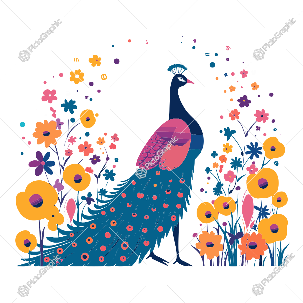 A stylized peacock among colorful flowers.