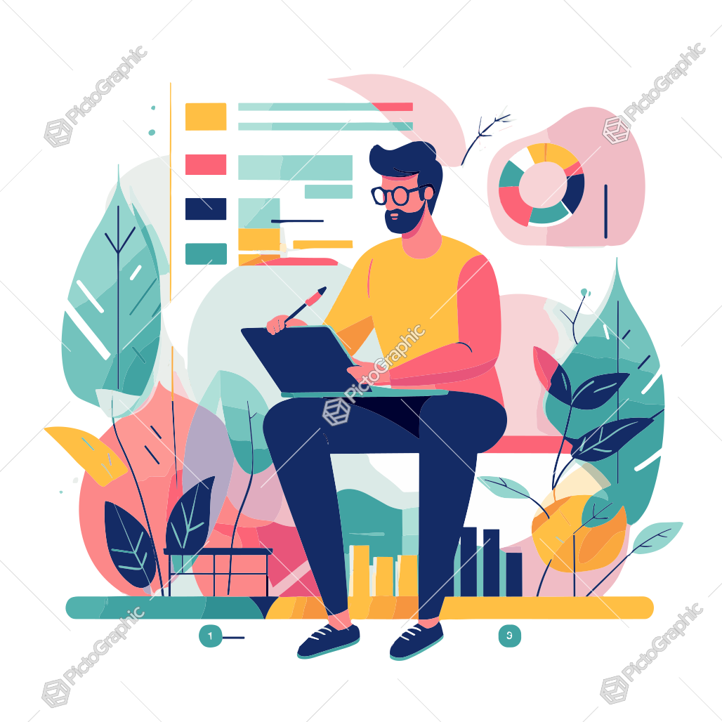 2. A person working on a tablet with graphical elements and plants in the background.