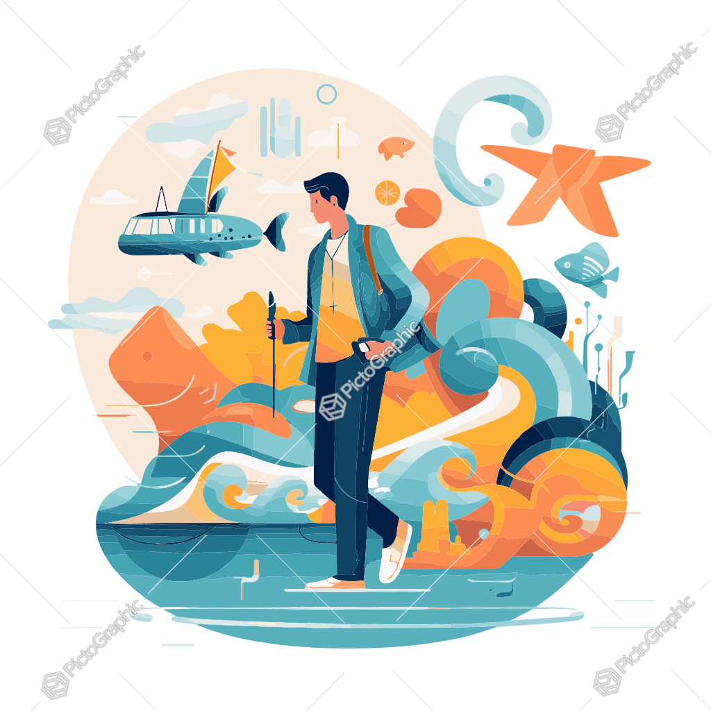 The illustration shows a man in a whimsical, seaside-themed setting with elements of nature and fantasy.