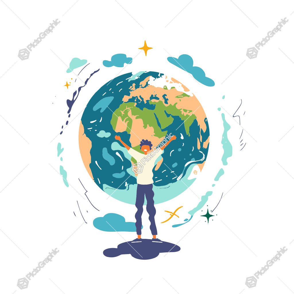 A person with arms raised towards a stylized Earth against a space-like backdrop.