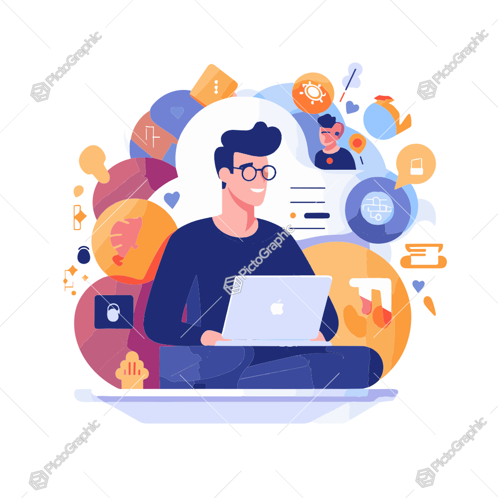 An illustrated young man working on his laptop among various icons related to digital tasks and creativity.