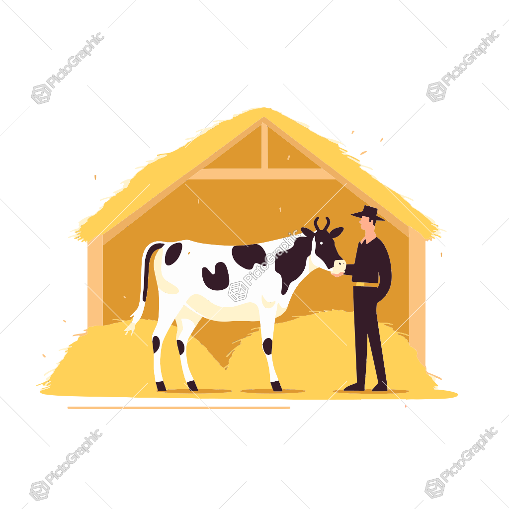 Illustration of a farmer with a cow in a barn.