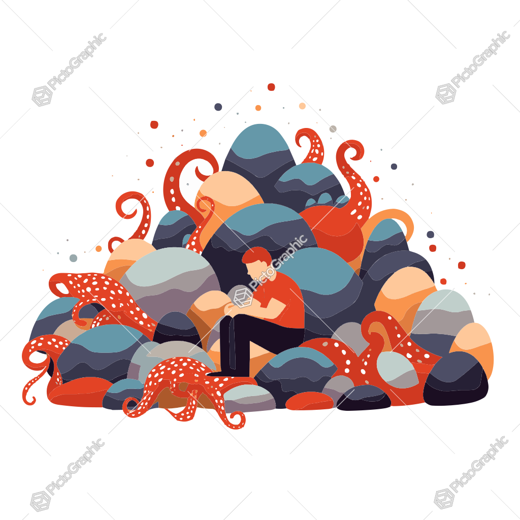 A person sitting among stones and octopuses.