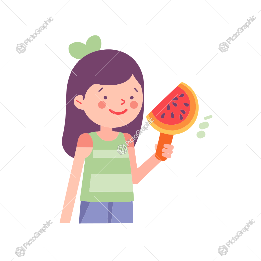 A cartoon girl holding a watermelon popsicle.